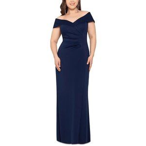 XSCAPE  14W Plus Navy Blue Ruched Formal Evening Dress Off the Shoulder Gown NEW